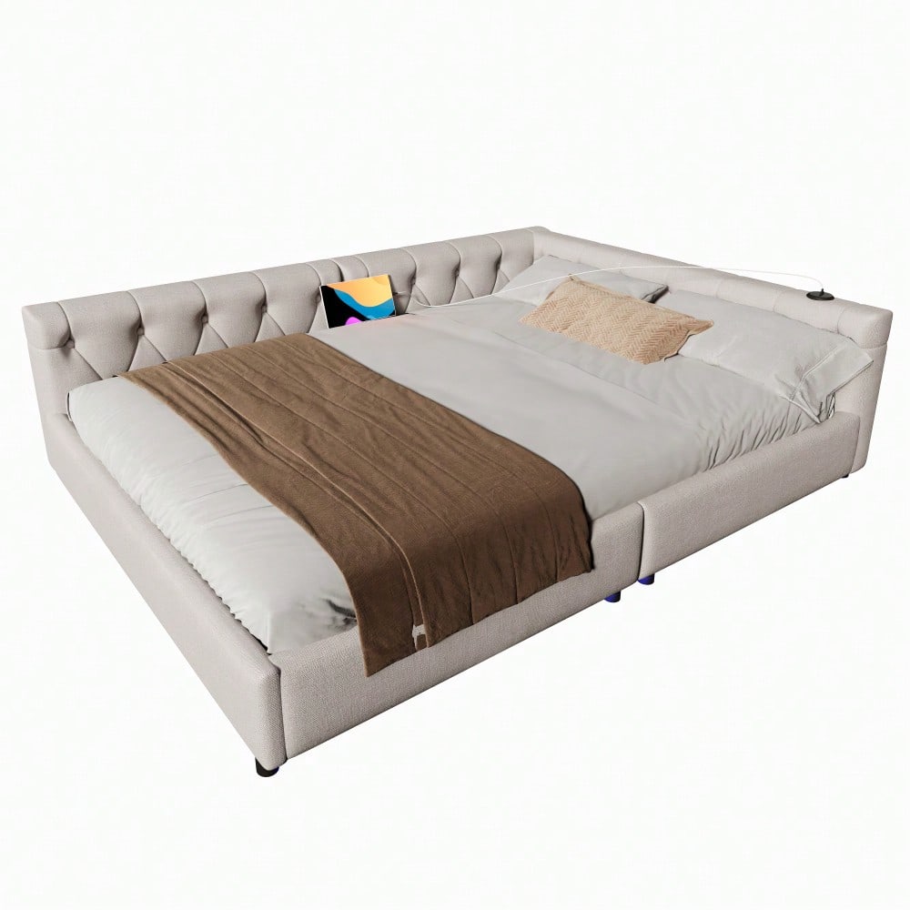 (=WX001034AAA)Schlafsofa, Daybett, Tagesbett, 140x200cm, Schlafsofa mit Lattenrost (ohne Matratze), Ambientebeleuchtung mit Fernbedienung, Kopfteil mit Knopftuft, Usb+Typ-c, Leinen, Beige