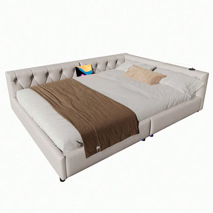 (=WX001034AAA)Schlafsofa, Daybett, Tagesbett, 140x200cm, Schlafsofa mit Lattenrost (ohne Matratze), Ambientebeleuchtung mit Fernbedienung, Kopfteil mit Knopftuft, Usb+Typ-c, Leinen, Beige