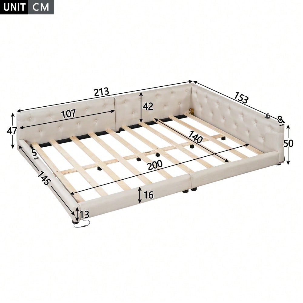 (=WX001034AAA)Schlafsofa, Daybett, Tagesbett, 140x200cm, Schlafsofa mit Lattenrost (ohne Matratze), Ambientebeleuchtung mit Fernbedienung, Kopfteil mit Knopftuft, Usb+Typ-c, Leinen, Beige