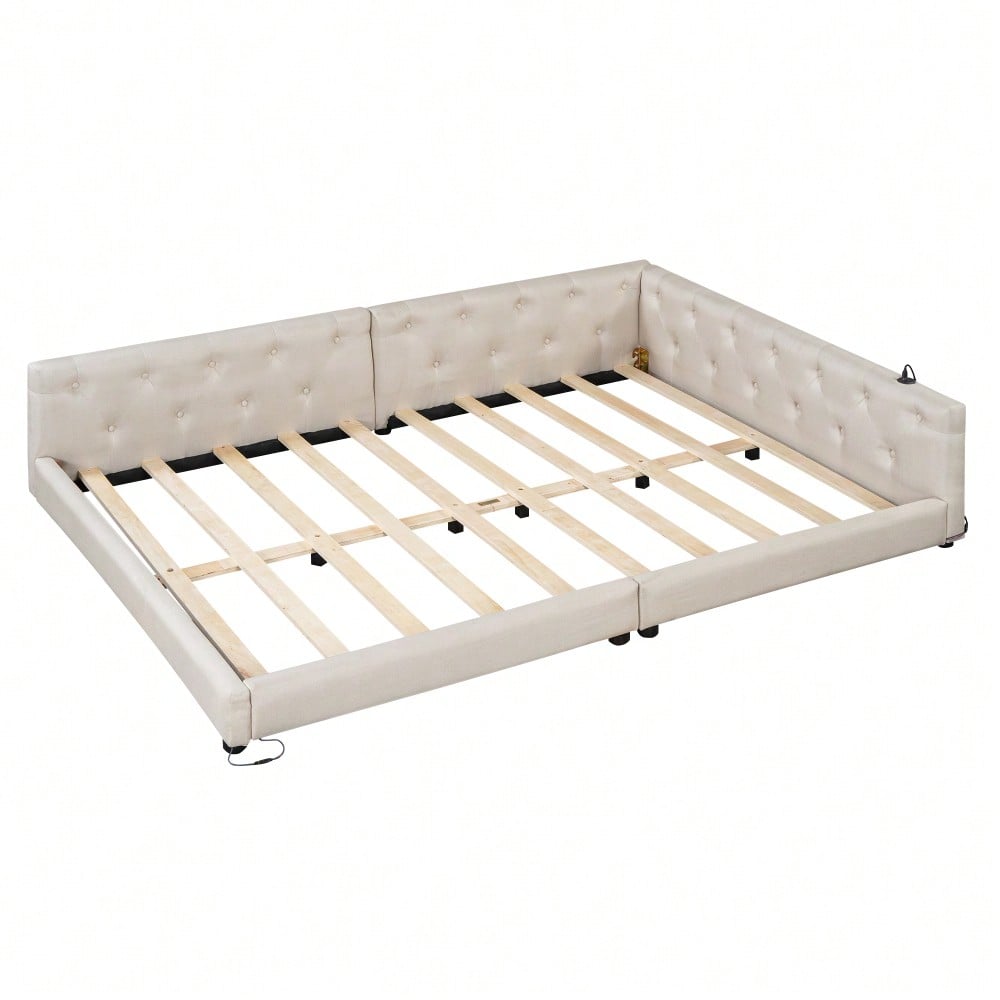 (=WX001034AAA)Schlafsofa, Daybett, Tagesbett, 140x200cm, Schlafsofa mit Lattenrost (ohne Matratze), Ambientebeleuchtung mit Fernbedienung, Kopfteil mit Knopftuft, Usb+Typ-c, Leinen, Beige