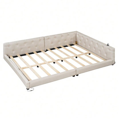 (=WX001034AAA)Schlafsofa, Daybett, Tagesbett, 140x200cm, Schlafsofa mit Lattenrost (ohne Matratze), Ambientebeleuchtung mit Fernbedienung, Kopfteil mit Knopftuft, Usb+Typ-c, Leinen, Beige