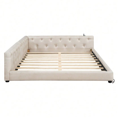 (=WX001034AAA)Schlafsofa, Daybett, Tagesbett, 140x200cm, Schlafsofa mit Lattenrost (ohne Matratze), Ambientebeleuchtung mit Fernbedienung, Kopfteil mit Knopftuft, Usb+Typ-c, Leinen, Beige
