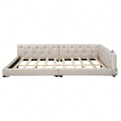 (=WX001034AAA)Schlafsofa, Daybett, Tagesbett, 140x200cm, Schlafsofa mit Lattenrost (ohne Matratze), Ambientebeleuchtung mit Fernbedienung, Kopfteil mit Knopftuft, Usb+Typ-c, Leinen, Beige