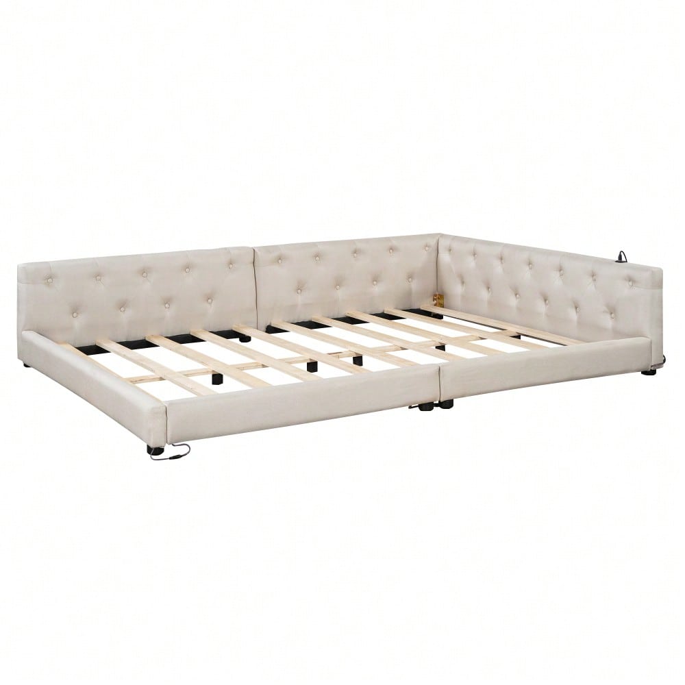 (=WX001034AAA)Schlafsofa, Daybett, Tagesbett, 140x200cm, Schlafsofa mit Lattenrost (ohne Matratze), Ambientebeleuchtung mit Fernbedienung, Kopfteil mit Knopftuft, Usb+Typ-c, Leinen, Beige