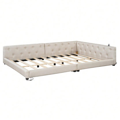 (=WX001034AAA)Schlafsofa, Daybett, Tagesbett, 140x200cm, Schlafsofa mit Lattenrost (ohne Matratze), Ambientebeleuchtung mit Fernbedienung, Kopfteil mit Knopftuft, Usb+Typ-c, Leinen, Beige