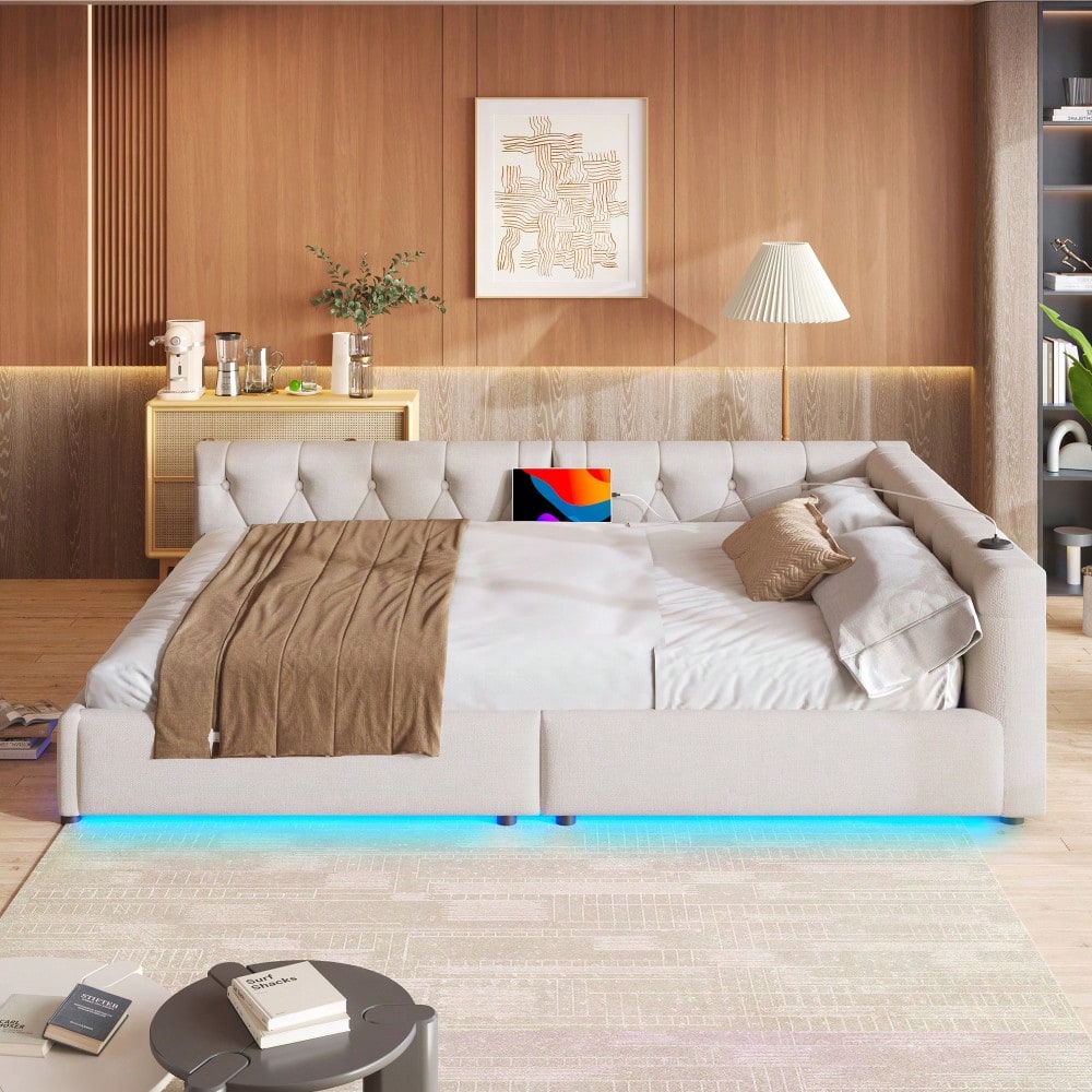 (=WX001034AAA)Schlafsofa, Daybett, Tagesbett, 140x200cm, Schlafsofa mit Lattenrost (ohne Matratze), Ambientebeleuchtung mit Fernbedienung, Kopfteil mit Knopftuft, Usb+Typ-c, Leinen, Beige