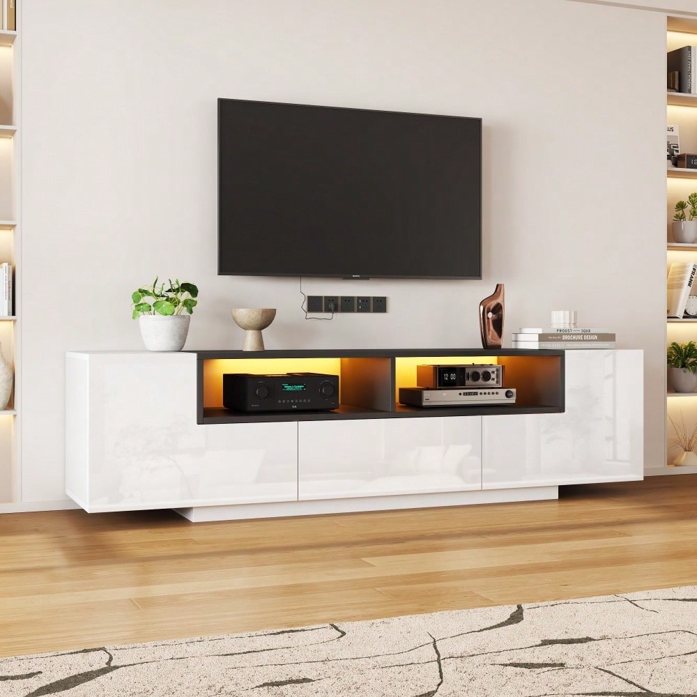 180*40*48cm Standfernsehschrank,Lowboard Mit LED-Licht,Fernsehschrank mit L-Form und Schubladen,Wohnzimmerschrank, TV-Ständer,TV-Schrank in Hochglanzweiß,Geeignet für 75-Zoll-Fernseher,Weiß+Schwarz