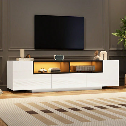 180*40*48cm Standfernsehschrank,Lowboard Mit LED-Licht,Fernsehschrank mit L-Form und Schubladen,Wohnzimmerschrank, TV-Ständer,TV-Schrank in Hochglanzweiß,Geeignet für 75-Zoll-Fernseher,Weiß+Schwarz