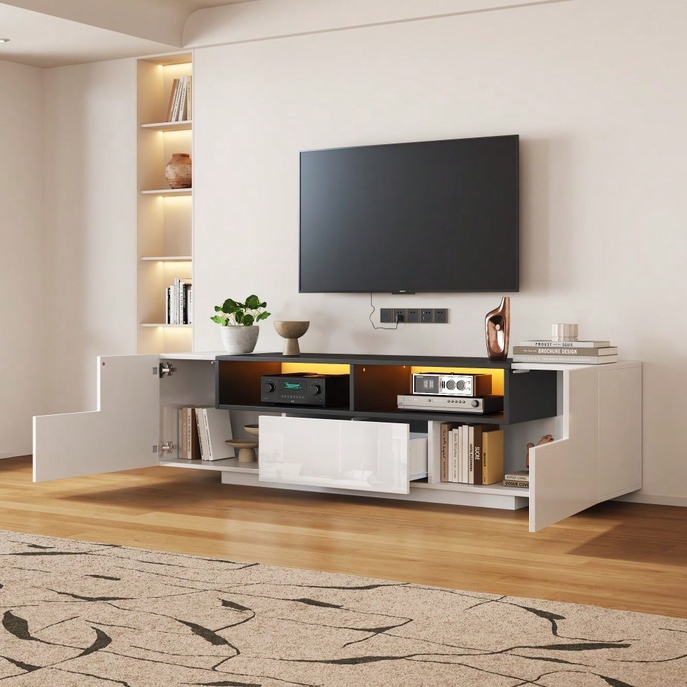 180*40*48cm Standfernsehschrank,Lowboard Mit LED-Licht,Fernsehschrank mit L-Form und Schubladen,Wohnzimmerschrank, TV-Ständer,TV-Schrank in Hochglanzweiß,Geeignet für 75-Zoll-Fernseher,Weiß+Schwarz