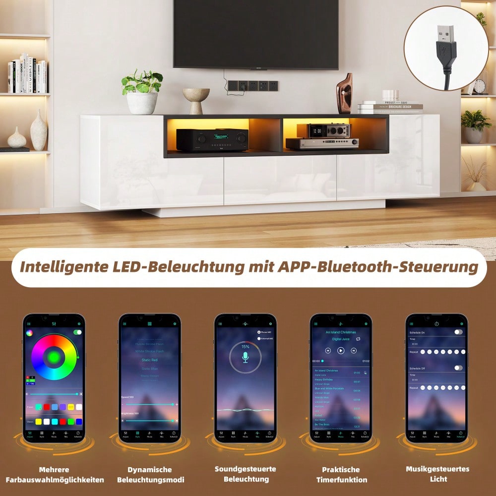 180*40*48cm Standfernsehschrank,Lowboard Mit LED-Licht,Fernsehschrank mit L-Form und Schubladen,Wohnzimmerschrank, TV-Ständer,TV-Schrank in Hochglanzweiß,Geeignet für 75-Zoll-Fernseher,Weiß+Schwarz