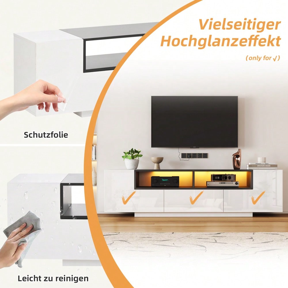 180*40*48cm Standfernsehschrank,Lowboard Mit LED-Licht,Fernsehschrank mit L-Form und Schubladen,Wohnzimmerschrank, TV-Ständer,TV-Schrank in Hochglanzweiß,Geeignet für 75-Zoll-Fernseher,Weiß+Schwarz