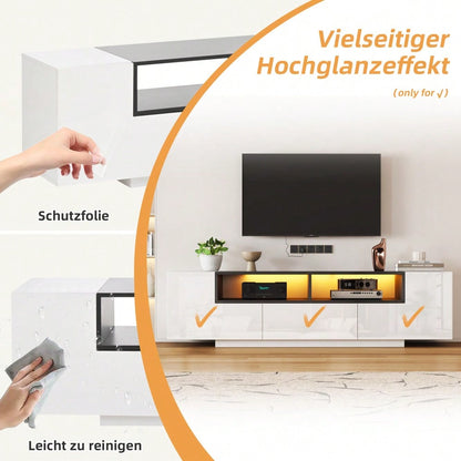 180*40*48cm Standfernsehschrank,Lowboard Mit LED-Licht,Fernsehschrank mit L-Form und Schubladen,Wohnzimmerschrank, TV-Ständer,TV-Schrank in Hochglanzweiß,Geeignet für 75-Zoll-Fernseher,Weiß+Schwarz