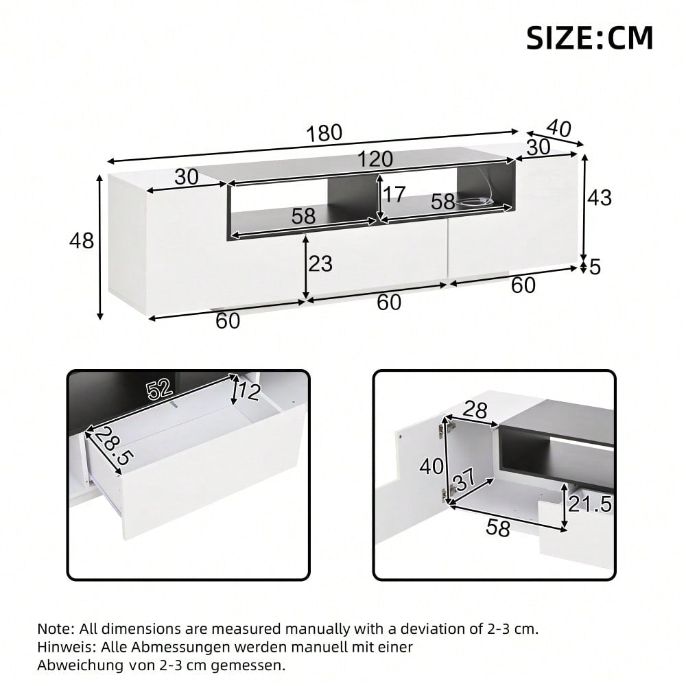 180*40*48cm Standfernsehschrank,Lowboard Mit LED-Licht,Fernsehschrank mit L-Form und Schubladen,Wohnzimmerschrank, TV-Ständer,TV-Schrank in Hochglanzweiß,Geeignet für 75-Zoll-Fernseher,Weiß+Schwarz