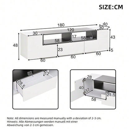 180*40*48cm Standfernsehschrank,Lowboard Mit LED-Licht,Fernsehschrank mit L-Form und Schubladen,Wohnzimmerschrank, TV-Ständer,TV-Schrank in Hochglanzweiß,Geeignet für 75-Zoll-Fernseher,Weiß+Schwarz