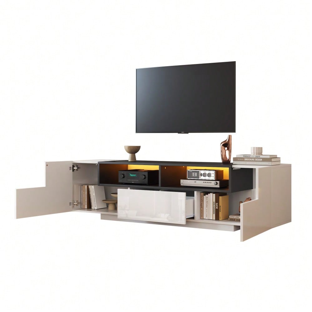 180*40*48cm Standfernsehschrank,Lowboard Mit LED-Licht,Fernsehschrank mit L-Form und Schubladen,Wohnzimmerschrank, TV-Ständer,TV-Schrank in Hochglanzweiß,Geeignet für 75-Zoll-Fernseher,Weiß+Schwarz