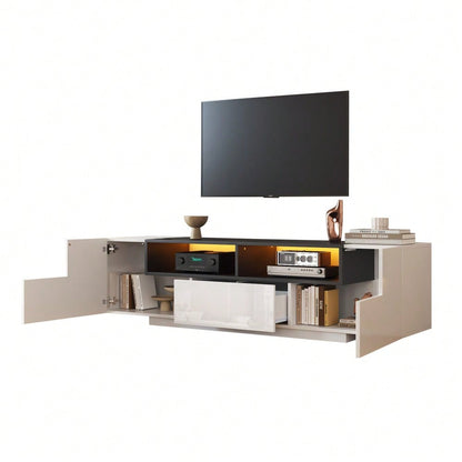 180*40*48cm Standfernsehschrank,Lowboard Mit LED-Licht,Fernsehschrank mit L-Form und Schubladen,Wohnzimmerschrank, TV-Ständer,TV-Schrank in Hochglanzweiß,Geeignet für 75-Zoll-Fernseher,Weiß+Schwarz