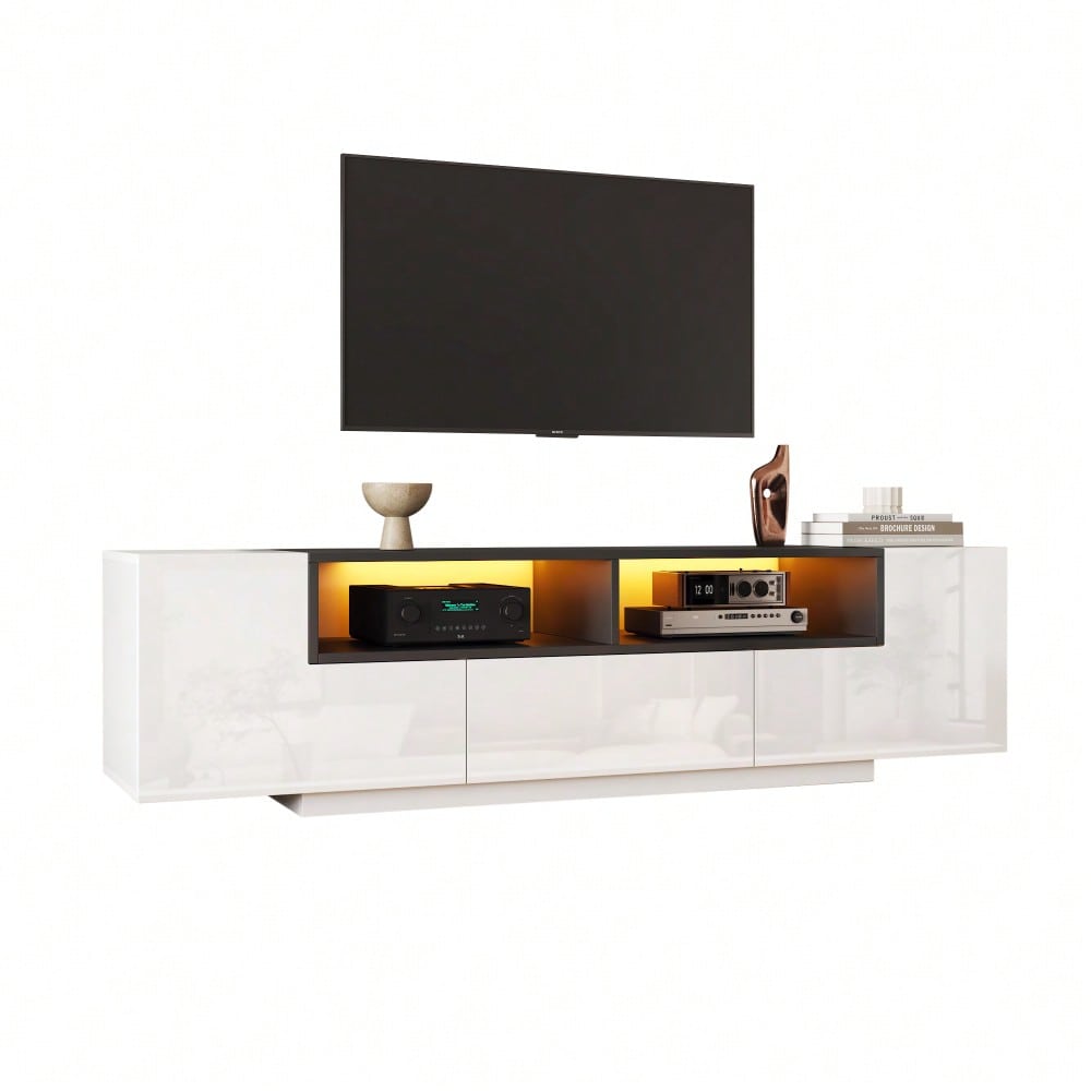 180*40*48cm Standfernsehschrank,Lowboard Mit LED-Licht,Fernsehschrank mit L-Form und Schubladen,Wohnzimmerschrank, TV-Ständer,TV-Schrank in Hochglanzweiß,Geeignet für 75-Zoll-Fernseher,Weiß+Schwarz