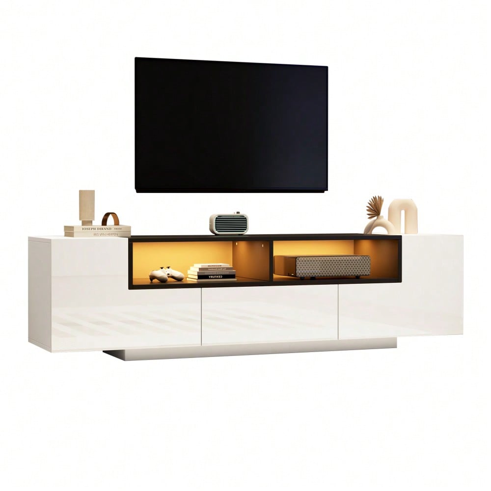 180*40*48cm Standfernsehschrank,Lowboard Mit LED-Licht,Fernsehschrank mit L-Form und Schubladen,Wohnzimmerschrank, TV-Ständer,TV-Schrank in Hochglanzweiß,Geeignet für 75-Zoll-Fernseher,Weiß+Schwarz