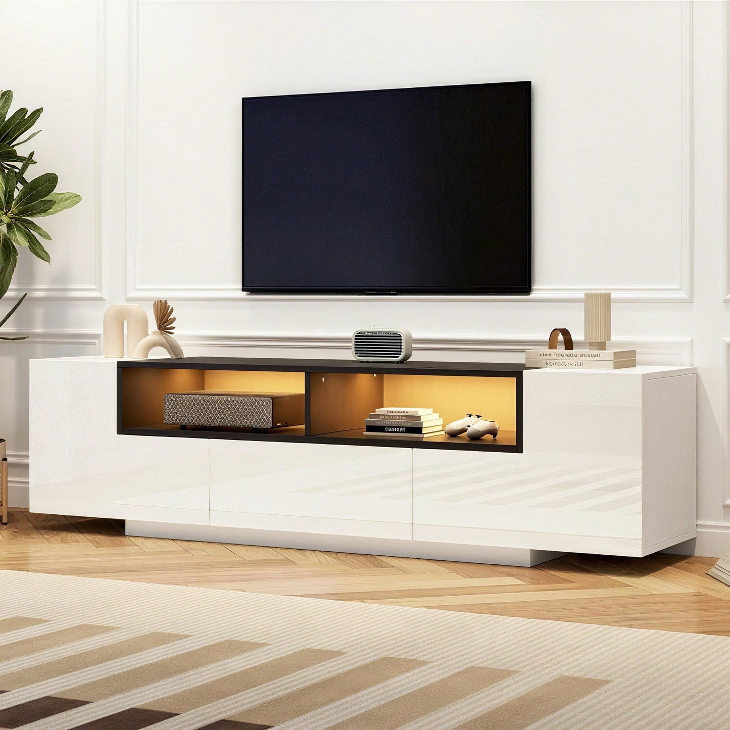 180*40*48cm Standfernsehschrank,Lowboard Mit LED-Licht,Fernsehschrank mit L-Form und Schubladen,Wohnzimmerschrank, TV-Ständer,TV-Schrank in Hochglanzweiß,Geeignet für 75-Zoll-Fernseher,Weiß+Schwarz