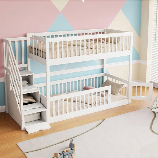 Etagenbett 90x200 Kinderbett mit Sicherheitstreppe und Schubladen, weißes Holzeinzelbett mit Stauraumbett für Kinder, Jugendliche