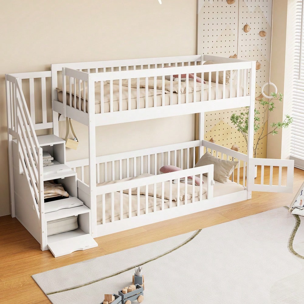 Etagenbett 90x200 Kinderbett mit Sicherheitstreppe und Schubladen, weißes Holzeinzelbett mit Stauraumbett für Kinder, Jugendliche