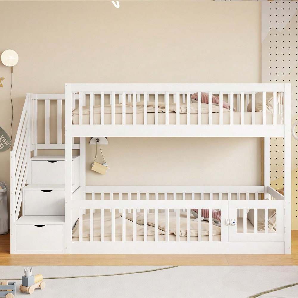 Etagenbett 90x200 Kinderbett mit Sicherheitstreppe und Schubladen, weißes Holzeinzelbett mit Stauraumbett für Kinder, Jugendliche