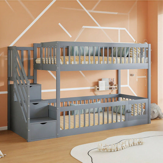 Etagenbett 90x200 Kinderbett mit Sicherheitstreppe und Schubladen, Grau Holzeinzelbett mit Stauraumbett für Kinder, Jugendliche
