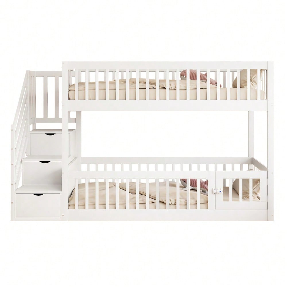 Etagenbett 90x200 Kinderbett mit Sicherheitstreppe und Schubladen, weißes Holzeinzelbett mit Stauraumbett für Kinder, Jugendliche