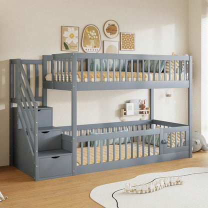 Etagenbett 90x200 Kinderbett mit Sicherheitstreppe und Schubladen, Grau Holzeinzelbett mit Stauraumbett für Kinder, Jugendliche