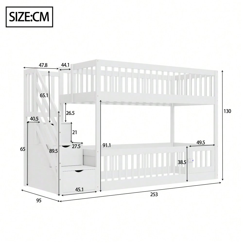 Etagenbett 90x200 Kinderbett mit Sicherheitstreppe und Schubladen, weißes Holzeinzelbett mit Stauraumbett für Kinder, Jugendliche