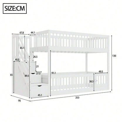 Etagenbett 90x200 Kinderbett mit Sicherheitstreppe und Schubladen, weißes Holzeinzelbett mit Stauraumbett für Kinder, Jugendliche