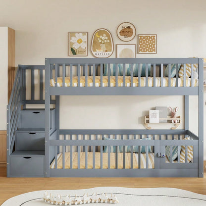 Etagenbett 90x200 Kinderbett mit Sicherheitstreppe und Schubladen, Grau Holzeinzelbett mit Stauraumbett für Kinder, Jugendliche