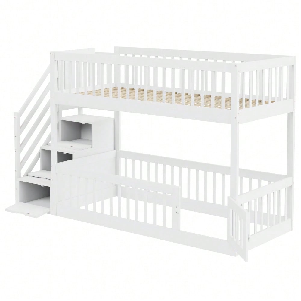 Etagenbett 90x200 Kinderbett mit Sicherheitstreppe und Schubladen, weißes Holzeinzelbett mit Stauraumbett für Kinder, Jugendliche