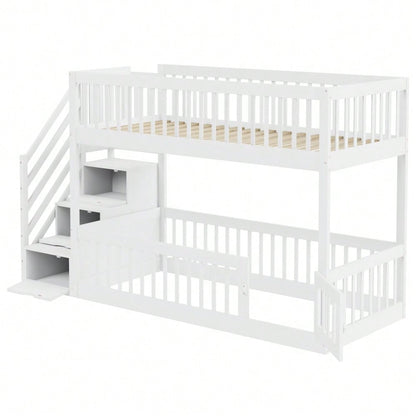 Etagenbett 90x200 Kinderbett mit Sicherheitstreppe und Schubladen, weißes Holzeinzelbett mit Stauraumbett für Kinder, Jugendliche