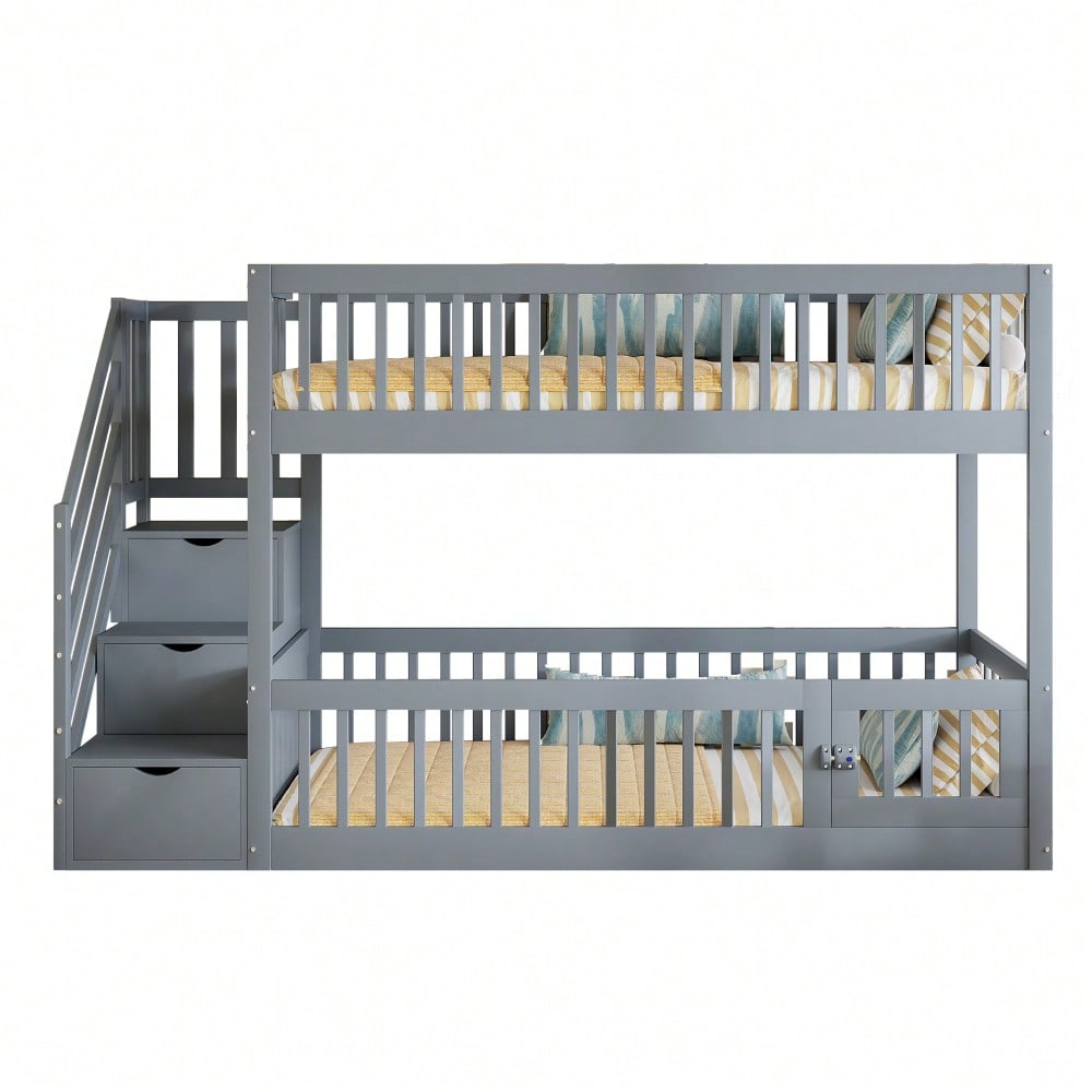 Etagenbett 90x200 Kinderbett mit Sicherheitstreppe und Schubladen, Grau Holzeinzelbett mit Stauraumbett für Kinder, Jugendliche