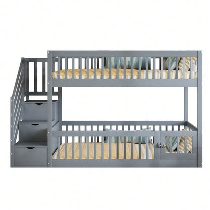 Etagenbett 90x200 Kinderbett mit Sicherheitstreppe und Schubladen, Grau Holzeinzelbett mit Stauraumbett für Kinder, Jugendliche