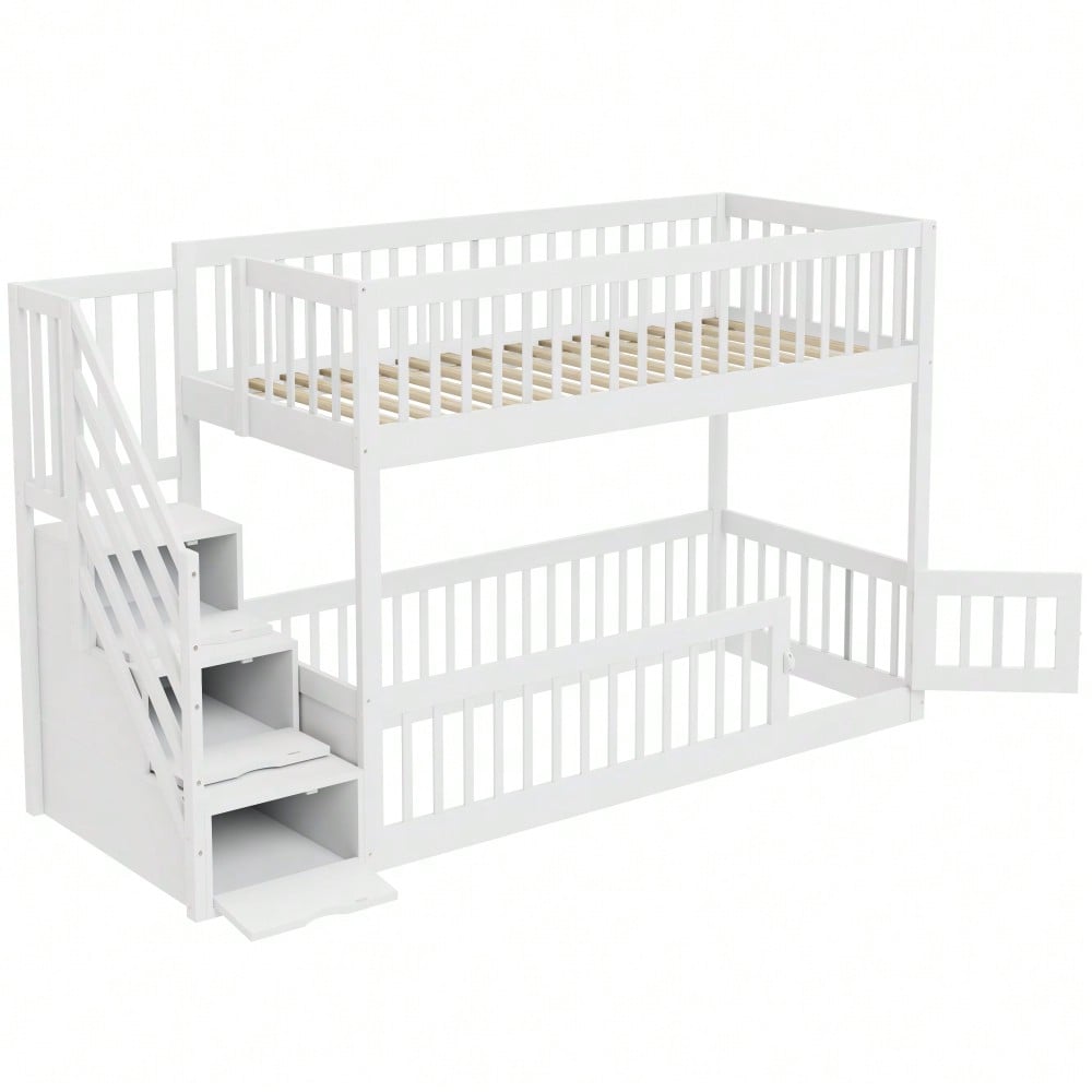Etagenbett 90x200 Kinderbett mit Sicherheitstreppe und Schubladen, weißes Holzeinzelbett mit Stauraumbett für Kinder, Jugendliche
