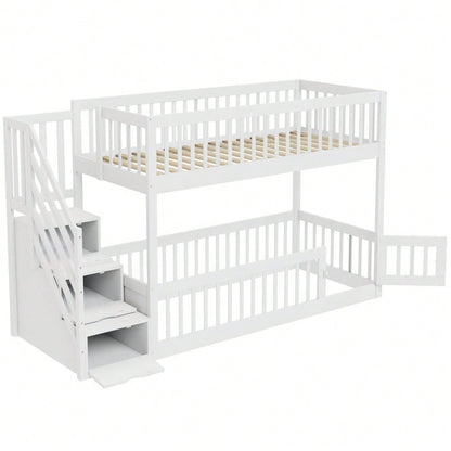 Etagenbett 90x200 Kinderbett mit Sicherheitstreppe und Schubladen, weißes Holzeinzelbett mit Stauraumbett für Kinder, Jugendliche