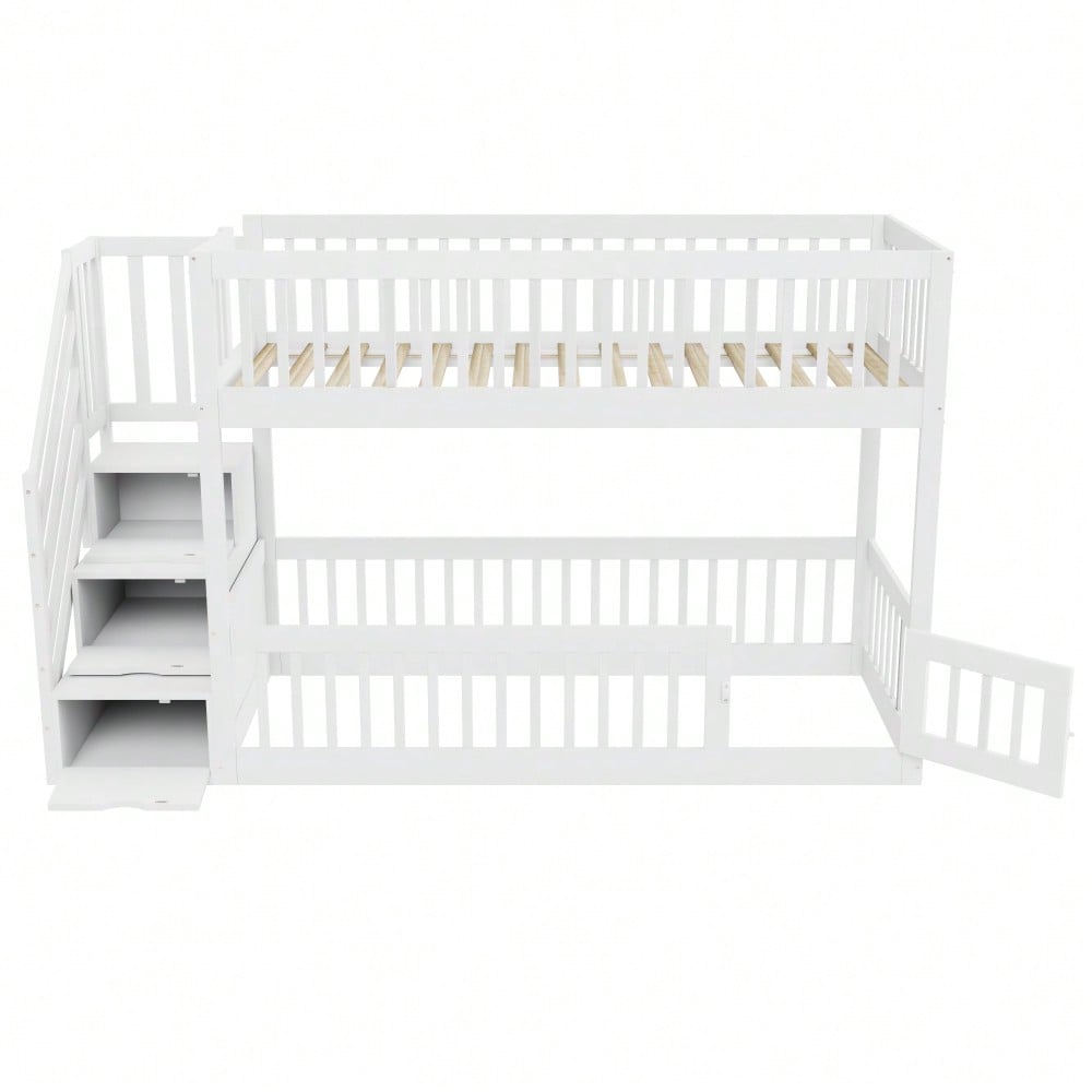Etagenbett 90x200 Kinderbett mit Sicherheitstreppe und Schubladen, weißes Holzeinzelbett mit Stauraumbett für Kinder, Jugendliche