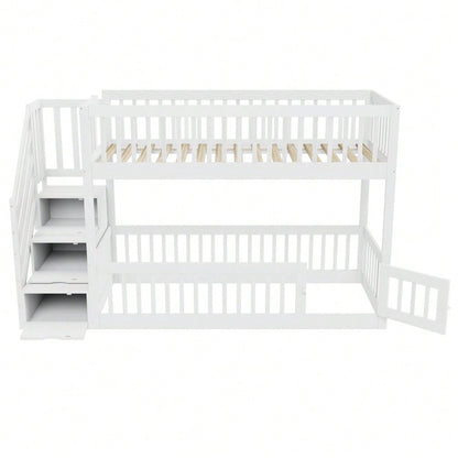 Etagenbett 90x200 Kinderbett mit Sicherheitstreppe und Schubladen, weißes Holzeinzelbett mit Stauraumbett für Kinder, Jugendliche