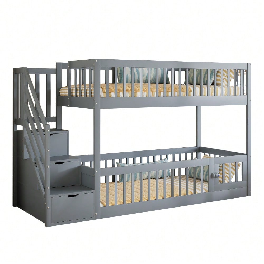 Etagenbett 90x200 Kinderbett mit Sicherheitstreppe und Schubladen, Grau Holzeinzelbett mit Stauraumbett für Kinder, Jugendliche