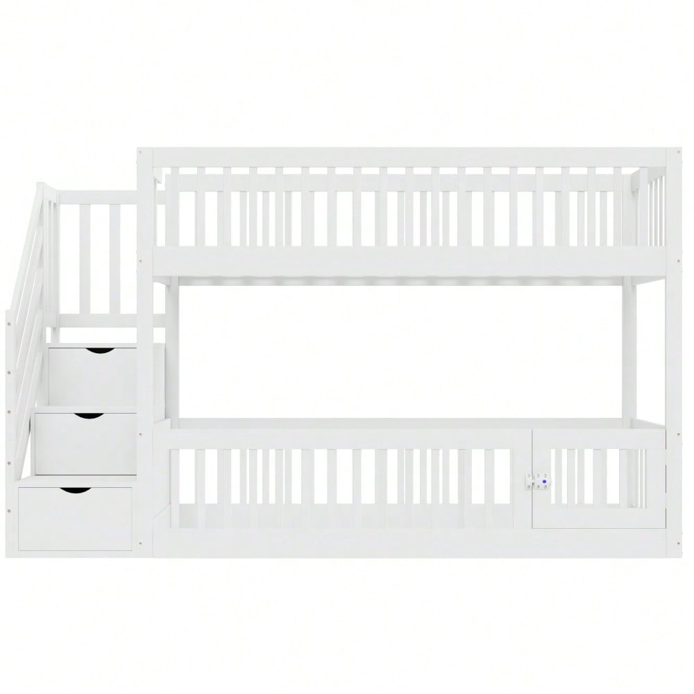 Etagenbett 90x200 Kinderbett mit Sicherheitstreppe und Schubladen, weißes Holzeinzelbett mit Stauraumbett für Kinder, Jugendliche