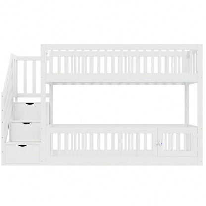 Etagenbett 90x200 Kinderbett mit Sicherheitstreppe und Schubladen, weißes Holzeinzelbett mit Stauraumbett für Kinder, Jugendliche