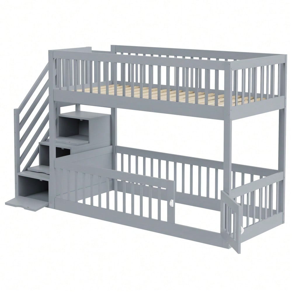 Etagenbett 90x200 Kinderbett mit Sicherheitstreppe und Schubladen, Grau Holzeinzelbett mit Stauraumbett für Kinder, Jugendliche