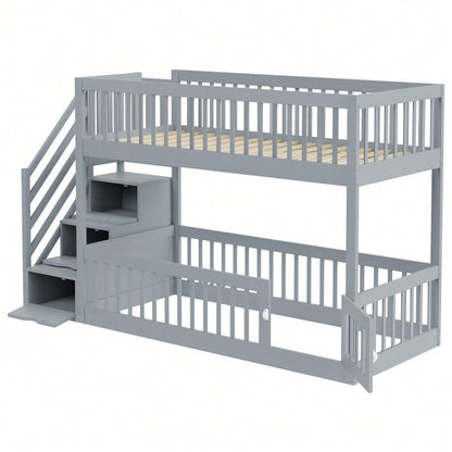 Etagenbett 90x200 Kinderbett mit Sicherheitstreppe und Schubladen, Grau Holzeinzelbett mit Stauraumbett für Kinder, Jugendliche