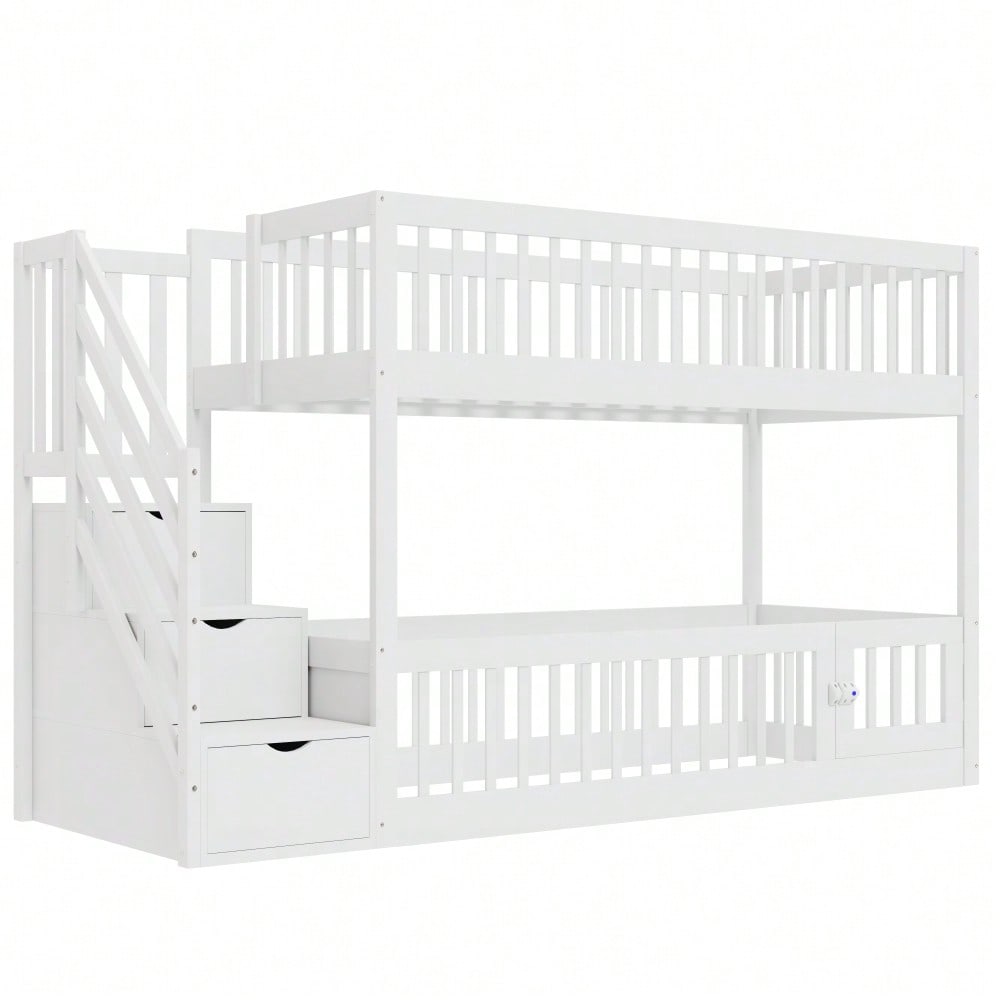 Etagenbett 90x200 Kinderbett mit Sicherheitstreppe und Schubladen, weißes Holzeinzelbett mit Stauraumbett für Kinder, Jugendliche