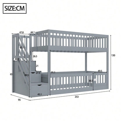 Etagenbett 90x200 Kinderbett mit Sicherheitstreppe und Schubladen, Grau Holzeinzelbett mit Stauraumbett für Kinder, Jugendliche