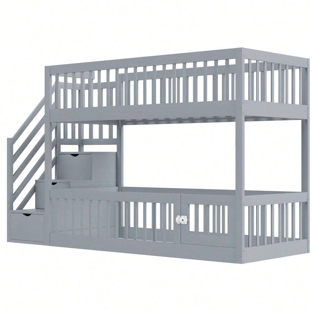Etagenbett 90x200 Kinderbett mit Sicherheitstreppe und Schubladen, Grau Holzeinzelbett mit Stauraumbett für Kinder, Jugendliche