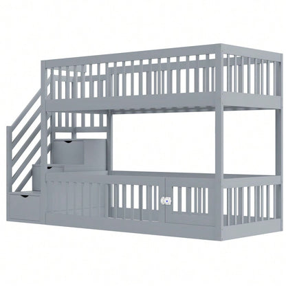 Etagenbett 90x200 Kinderbett mit Sicherheitstreppe und Schubladen, Grau Holzeinzelbett mit Stauraumbett für Kinder, Jugendliche