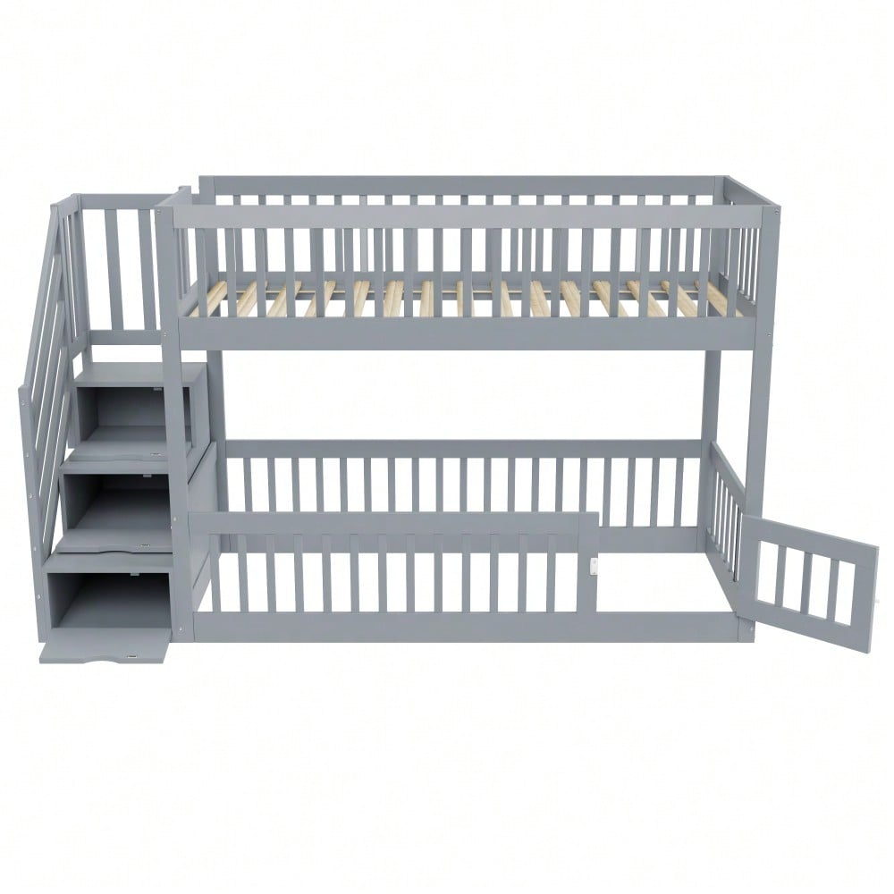 Etagenbett 90x200 Kinderbett mit Sicherheitstreppe und Schubladen, Grau Holzeinzelbett mit Stauraumbett für Kinder, Jugendliche